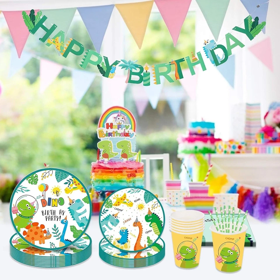 Juego de vajilla de suministros de fiesta de dinosaurios para 16 tazas, platos, servilletas, etc. para invitados Foto 1 de 4