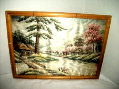 ANTIGUO PAISAJE JAPONÉS BORDADO SEDA IMITACIÓN BAMBÚ MARCO MADERA Foto 1 de 4
