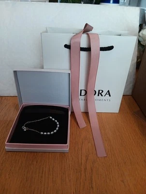  Pulsera Pandora Plata S925 Genuina Perlas Agua Dulce Con Cordón Azul 19cm  Foto 1 de 4