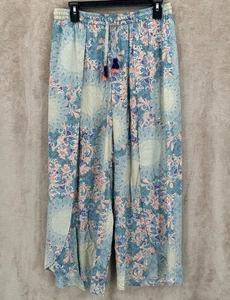 Miss Me Pants Womens Large Blue Pink Paisley Wide Leg Boho Sheer Hippie Festival - Picture 1 of 9