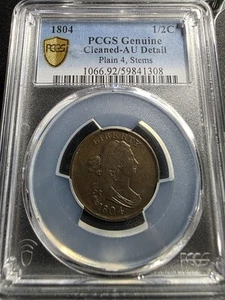 1804 Draped Bust Half Cent Plain 4 🇺🇸No Stems 🎖️PCGS AU Detail* Mislabeled!! - Picture 1 of 4