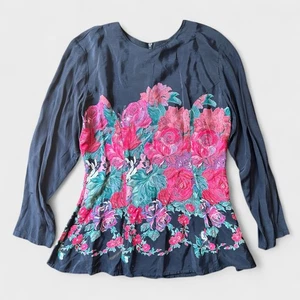 Vintage Carole Little Petites Seidenbluse Blumenmuster schwarz rosa Boho Art Zip - Bild 1 von 11