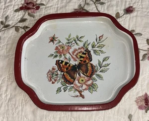 Butterfly Print Small Serving Tray Shabby Chic Trinket Tin Retro Boho Vtg - Picture 1 of 2