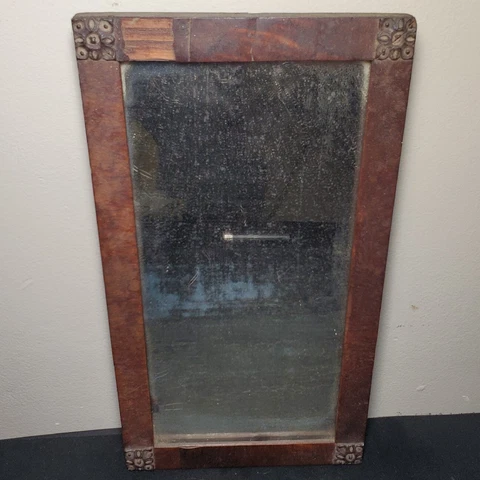 Small Antique Mahogany Framed Mirror w/ Floral Motifs 10" x 5" Cover