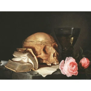 De Heem Vanitas Stillleben Totenkopf Buch Rosen Großer Leinwanddruck 46x61 cm - Bild 1 von 5