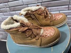 GAP girls 6 Kids boots side zip brown rose gold sequin lace up faux fur shoe Nwt - Picture 1 of 8