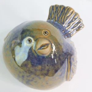 Estatuilla de Pájaro Vintage Pudgy Grasa Redonda Feliz Azul Marrón Esmalte Estante Decoración - Imagen 1 de 8