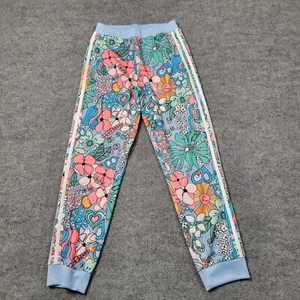 Adidas Jogger Pants Girls XL Blue Floral Pull On Athletic Track Pant 3 Stripe - Picture 1 of 11