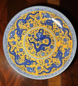 Beautiful Vintage Chinese Porcelain Plate Yellow Blue Dragon - Picture 1 of 10