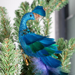 19" Peacock Christmas Ornament Glittered Bird with Feather Xmas Tree Decoration.