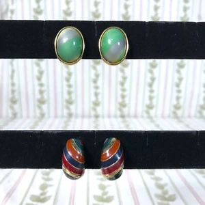 2 Pairs Clip On Earrings Ben-Amun Ellen Designs Goldtone Enamel Glass Striped - Picture 1 of 11