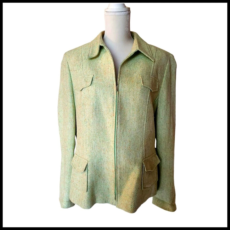 Chaqueta Thompson de tweed verde Garfield & Marks mezcla de seda talla 14 cremallera Foto 1 de 4