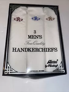 Vtg Men’s Fabrini Handcraft 3 Embroidered Monogram R Cotton Handkerchiefs In Box - Picture 1 of 5