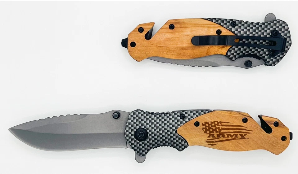 Navaja de bolsillo militar de madera de olivo grabada del ejército de Estados Unidos camping al aire libre Navidad Foto 1 de 3