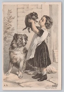 Victorian Trade Card Gies & Co. Buffalo New York Girl & Puppy & Dog - Picture 1 of 2