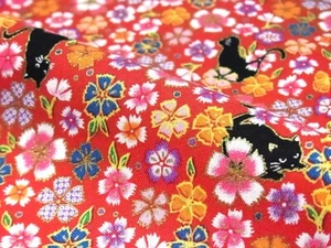 m002_Tela de algodón japonés, Nadeshiko, gato, rojo, dorado, cuarto de grasa - Imagen 1 de 6