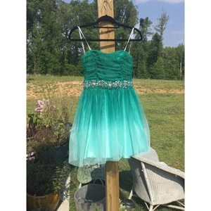 Vintage Womens Mini Dress 9 10 Green Teal Tulle Rhinestone Y2K Prom Dance Fairy - Picture 1 of 12