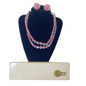 Vintage Doppelstrang Rosa Graduierung Kristall Perlen Halskette Clip Ohrring Set - Bild 1 von 12
