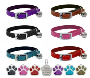 Leather Cat Collar, Safety Elastic Bell, Range of Colours & Engraved Glitter Tag - Picture 1 of 8