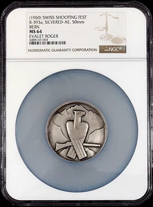 (1960) Swiss Shooting Fest Medal, R-393a, Silvered-AE, 50mm, Bern, MS 64 by NGC! - Picture 1 of 7