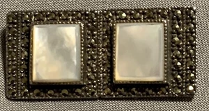 Antique Style Dual Metal Rectangles Brooch Pin w/Rectangle Mother of Pearls - Picture 1 of 4