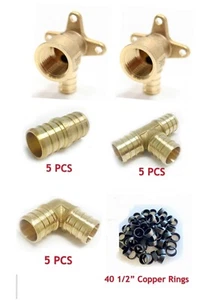 (57 PCS) 1/2" PEX CRIMP FITTINGS &COPPER RINGS 2 DROP-EAR , TEE,COUPLING ELBOW - Picture 1 of 4