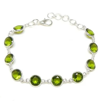 Green Peridot Gemstone Handmade 925 Sterling Silver Jewelry Bracelet Sz 7-8" - Image 1 of 2