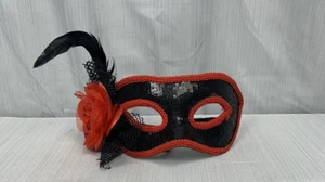 Adult Black Red Sequin Feather Masquerade Flamenco Halloween Costume Mask - Picture 1 of 5