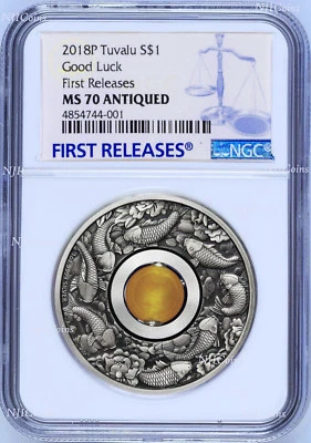 2018 P Tuvalu Good Luck Rotating Charm ANTIQUED 1Oz Silver $1 COIN NGC MS70 FR - Image 1 of 4