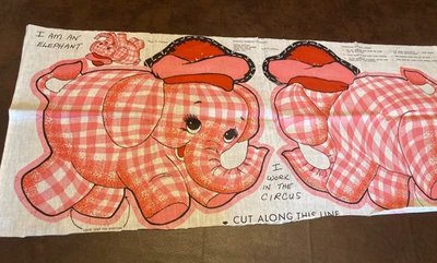 VTG 1960s Gingham PINK Plaid ELEPHANT Cut & Sew Fabric Panel 15" DOLL PILLOW - Image 1 of 4