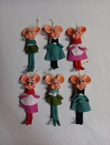 6x Lot Vintage Mice Elf Pixie Rubber Head 60's Mouse Japan Christmas Ornaments - Picture 1 of 4