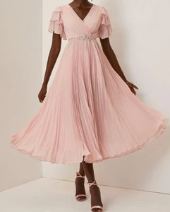 Pink Pleated Rhinestone Chiffon V Neck Short Sleeve Ruffle Sleeve A-Line Maxi - Picture 1 of 10