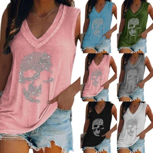 Women Summer Skull Vest Tank Ladies Sleeveless V Neck T Shirt Tops Blouse - Picture 1 of 18