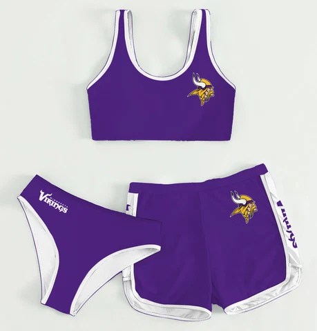 Minnesota Vikings Women's Athletic Bikini 3PCS Crop Top With Shorts Swimwear Cover