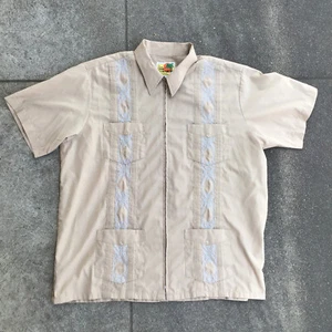 The Genuine Haband Guayabera Shirt Beige Blue Size Large Four Pocket Zip Up - Picture 1 of 8