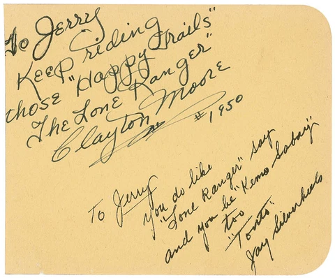 LONE RANGER TV CAST - AUTOGRAPH NOTE SIGNED 1950 WITH CO-SIGNERS Cover