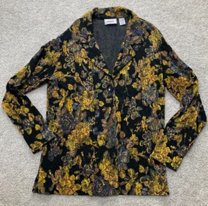 Chico's Travelers Blazer Jacket Women's 1 Medium Black Gold Floral Button Woven - Picture 1 of 10