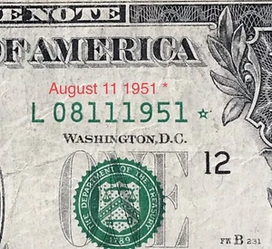 Birthday Note Fancy Serial Number Anniversary August 11th 1951 Paper Money Note. - Picture 1 of 3
