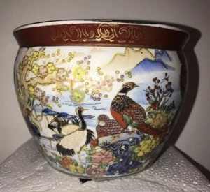 Porcelain Asian Fish Bowl Vase with Handpainted Birds-Gold Lined-Appr-5”H X 6”W - Picture 1 of 12