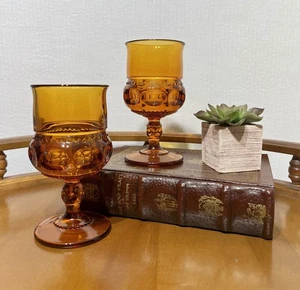60er Mid Century Indiana Glas Bernstein Königskrone Daumenabdruck Weinkelche Set 2 - Bild 1 von 8