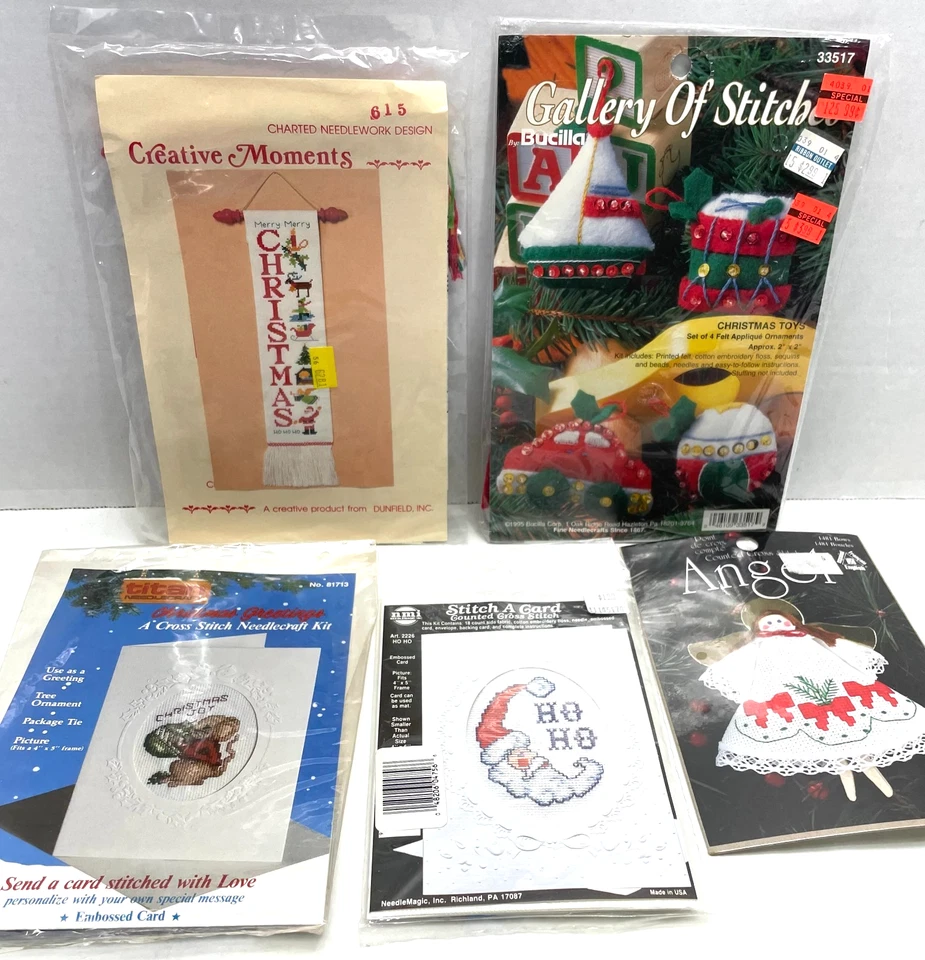 Lot Of 5 Vintage Christmas Cross Stitch & Needlecraft Kits - Banner, Cards, Toys - Image 1 of 4