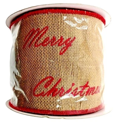 Feliz Navidad Bordada Arpillera Cinta con Cable Beige Rojo Artesanía de Granja Foto 1 de 3