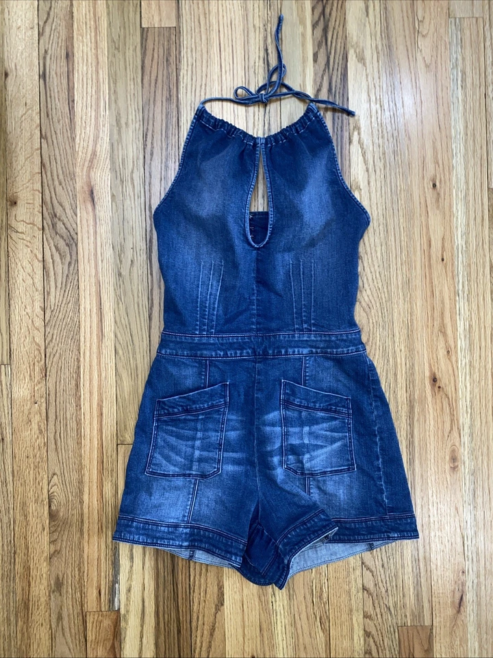 Camiseta Bebe Denim Halter Top Jumper Tamanho 28 Md 8-10 Sexy Y2K Clubwear Siren Biker - Imagem 1 de 4