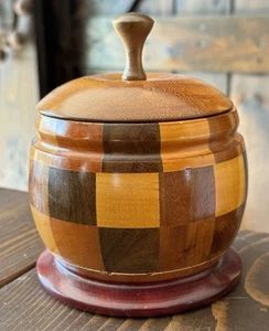 Patchwork Bowl Wooden Pot With Lid Handmade - Picture 1 of 6