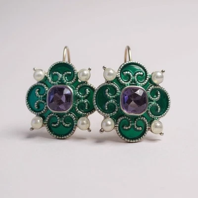 Mary Queen Is Scots Flower Earrings Pearl Palace Silver CZ Museum Amethyst Court - Image 1 of 4