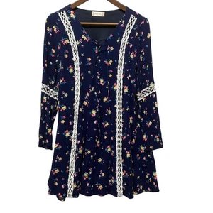 Altard State Women Tunic Dress Top S Navy Floral Boho Lace Trim Whimsigoth Fairy - Picture 1 of 6