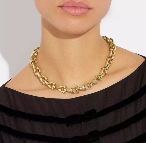 Collana Coach maglia catena firmata grossa con strass rosa chiaro