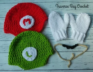 Crochet Mario and Luigi hat mustache mitten costume child PATTERN ONLY - Picture 1 of 3