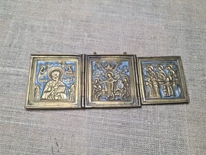 Antiguo tríptico ortodoxo ruso icono de bronce alegría de todos los que afligen a los santos - Imagen 1 de 15