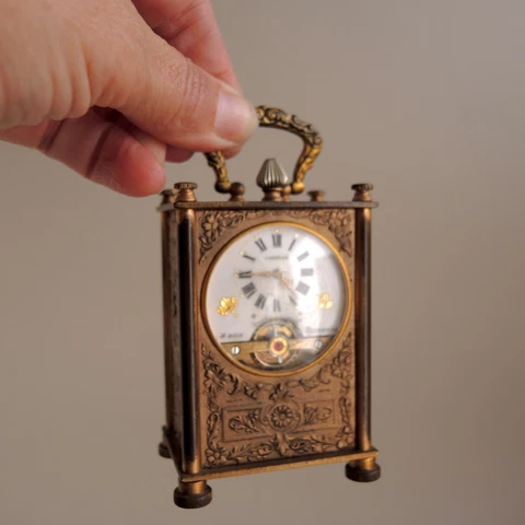 Antique Hebdomas Carriage Clock 8-Day Swiss French Frainier Bronze Figural Case Cover